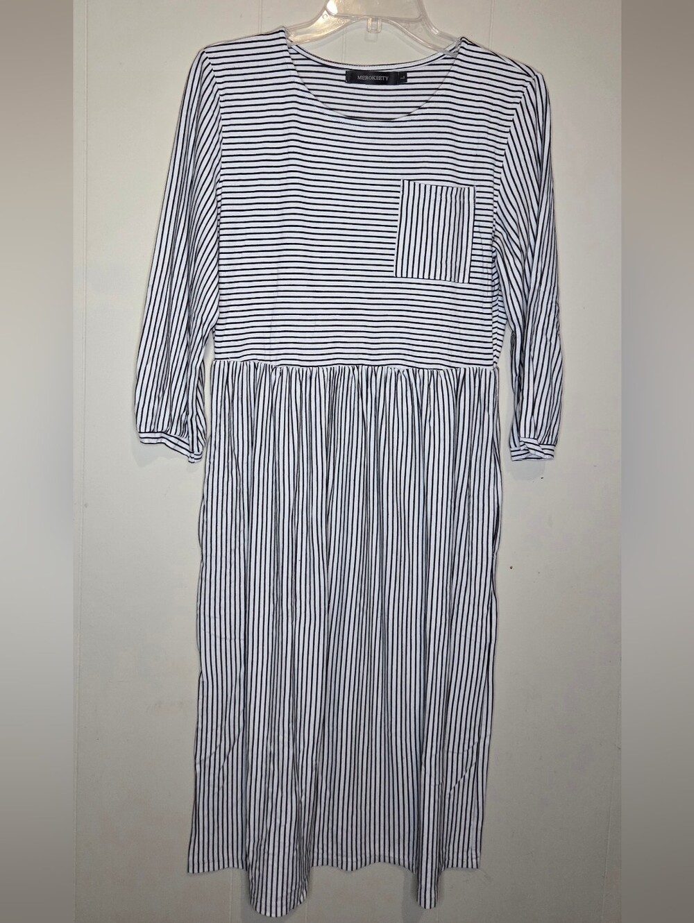 Womens Size Large Merokeety Black And White Striped Midi Dress